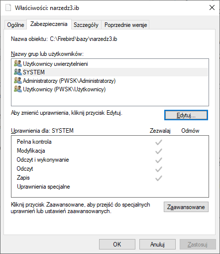 Pryznawanie uprawnień do pliku bazy danych