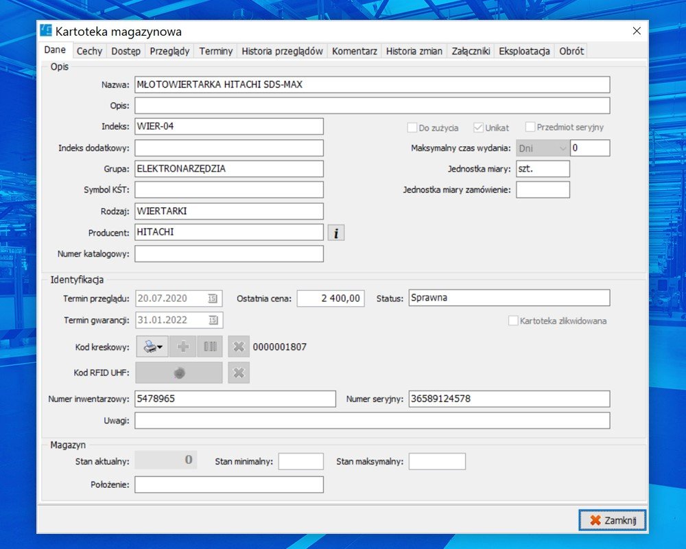Elektroniczna karta narzędziowa w programie Narzędziownia