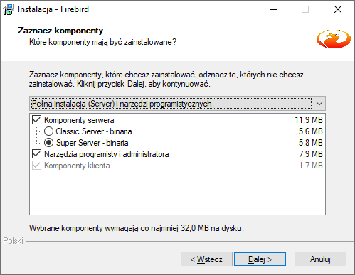 firebird instalacja bazy wybór komponentów
