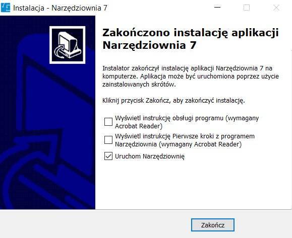 Pomyślne zakończenie instalacji programu Narzędziownia