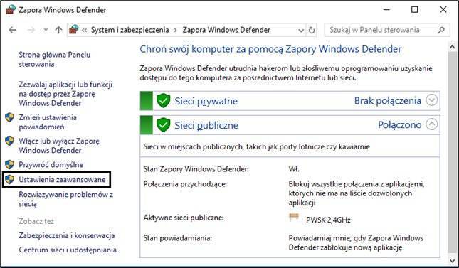 Ustawienia zapory Windows Defender