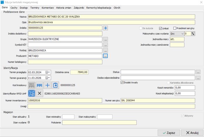 narzedziownia 8 edycja kartoteki magazynowej