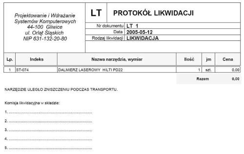 Wzór protokołu likwidacji LT w Programie Magazynowym PWSK