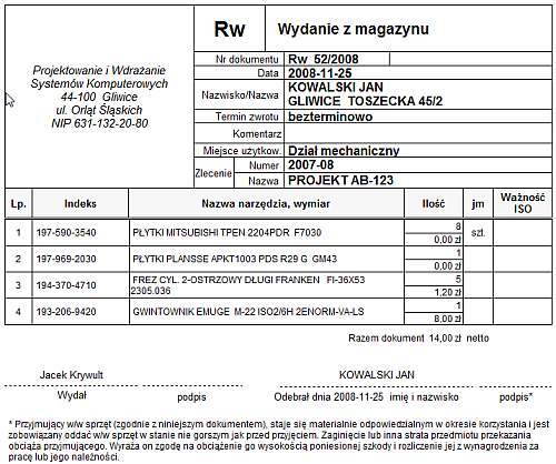Wzór dokumentu wydania z magazynu