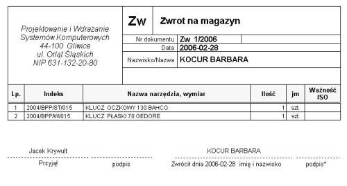 Zwrot wewnętrzny - wzór dokumentu w Programie Magazynowym PWSK